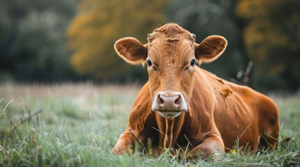 A cow standing on grass in an open pasture with autumn foliage and trees.