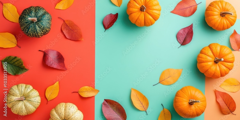 Aufkleber Flat lay featuring pumpkins and leaves on a colored paper background with copy space. Template for fall harvest, Thanksgiving, and Halloween invitation cards. Top view autumn arrangement.
