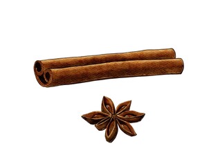 cinnamon and star anise. High quality illustration. Watercolor drawing on a white background. Aromatic seasoning for mulled wine, drinks, pastries, desserts. For home fragrances, candles, perfumes