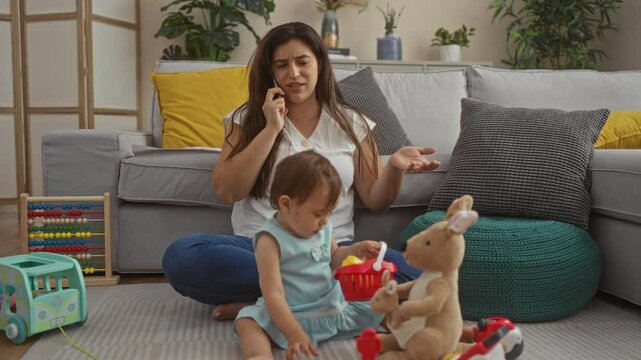 Frustrated woman talking on phone while sitting with toddler on floor in cozy living room filled with toys and plants