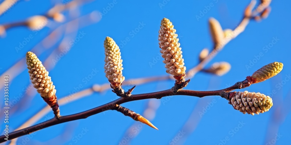 Poster spring birch catkins on a branch without leaves against a blue sky background. birch catkins as an a