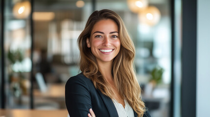 Confident Woman Smiling in a Bright Office Setting
