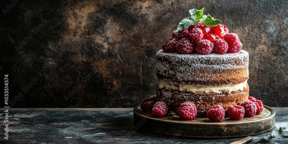 Poster sweet cake as a dessert idea on a rustic backdrop with copyspace.