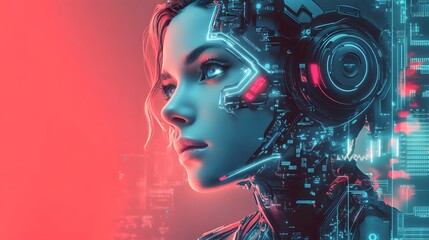 Cyborg Woman with Glowing Circuits and a Red Background