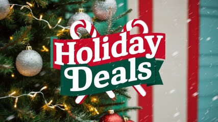 Festive holiday deals signage set against a decorated Christmas tree, conveying a cheerful holiday spirit.