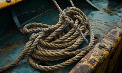 Fototapeta premium Thick rope on a weathered boat deck.