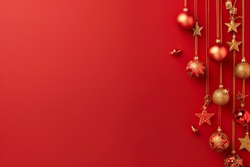 The festive red backdrop is adorned with elegant Christmas decorations, creating a joyful atmosphere that spreads merriment and cheer, celebrating the holiday season with charm and festivity