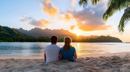 Romantic couple sitting on the beach watching the shimmering ocean and breathtaking sunset together in a peaceful tranquil setting