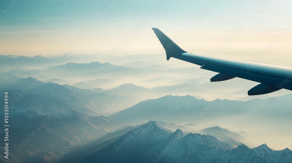 Poster airplane wing is flying over a mountain range covered with snow. the sun is rising, creating a warm,