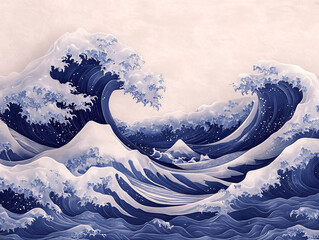 a blue and white ocean with abstract waves, creating a sense of calm and tranquility.