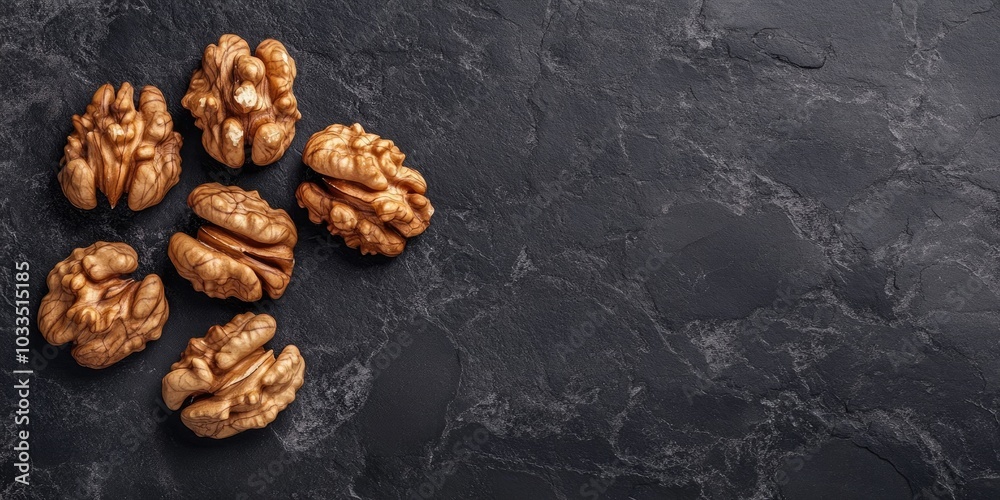 Poster Walnuts. Walnut kernels on a dark stone surface. Top view.