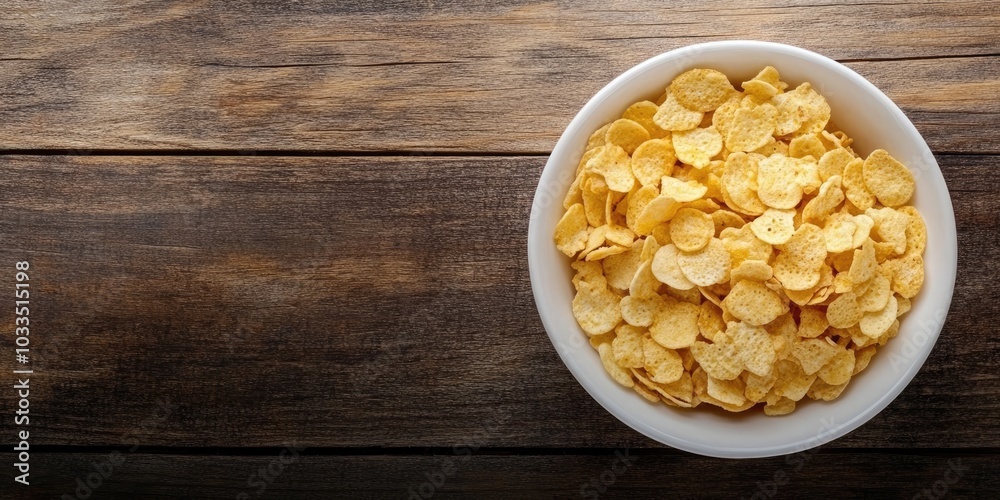 Canvas Prints Corn flakes with honey in a white bowl on a wooden surface. Copy space.