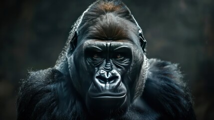 Obraz premium A close-up of a gorilla wearing a mask, looking at the camera with an intense expression.