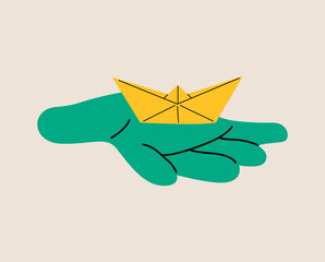 Hand with folding paper boat on hand. Colorful vector illustration