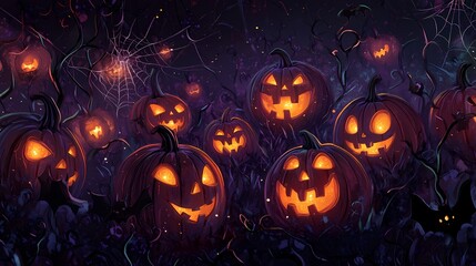 Spooky Halloween pumpkins glowing in a dark, eerie setting.
