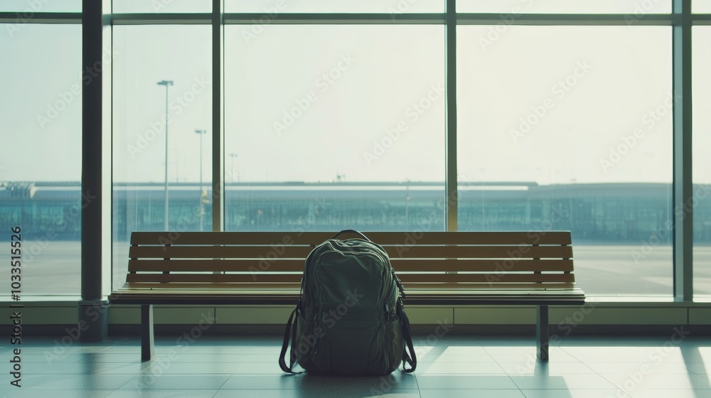 Aufkleber Backpack is standing near an empty bench in the waiting area of an airport terminal, with airplanes visible in the background