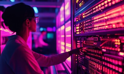 Woman in pink lights working on server rack.