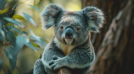 Obraz premium A close-up of a koala sitting on the side of a tree branch, with its arms crossed.