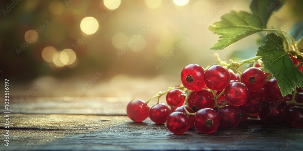 Aufkleber fresh red currants on a wooden table, close-up image with selective focus.