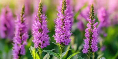 Close-up of blossoming purple loosestrife plants (Lythrum salicaria)