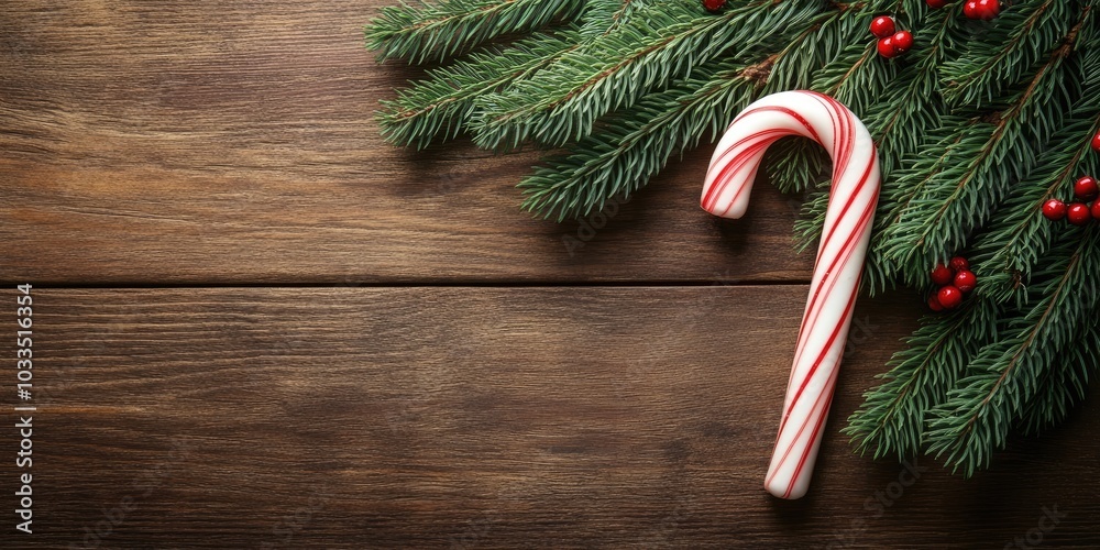 Poster christmas tree branch featuring a candy cane on a wooden table. top view with copyspace.