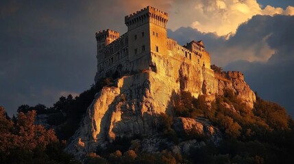 Fototapeta premium Medieval castle: Ancient castle on mountain, low clouds, and fog. Halloween, fairytale background concept. 