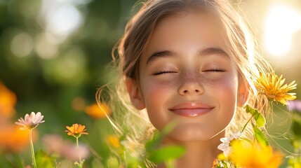 Fototapeta premium A young woman stands amidst a lush and vibrant flower garden with soft sunlight gently cascading over the vibrant blooms creating a serene and picturesque scene of natural beauty and tranquility