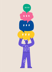 Woman carrying colorful speech bubbles. Accept the opinion concept. Colorful vector illustration