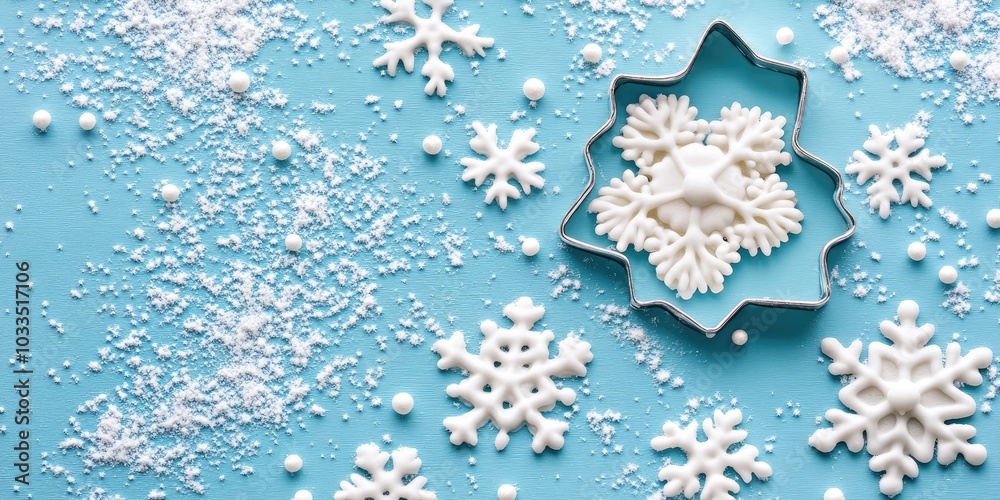 Poster flat lay featuring a snowflake cookie cutter and snowflake sprinkles on a blue background. theme of 