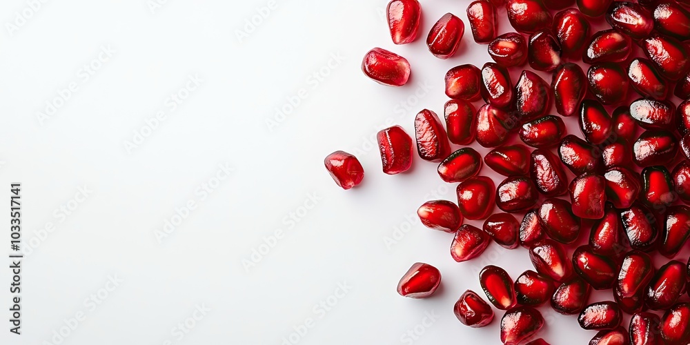 Poster Background featuring red pomegranate seeds. The dispersed red grains of a pomegranate are set against a white background. Pomegranate at the edge of the image with copy space for text. Top view.