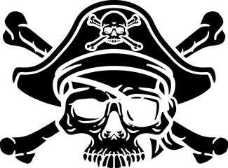 A pirate skull and crossbones jolly roger grim reaper cartoon wearing captain a hat and eye patch