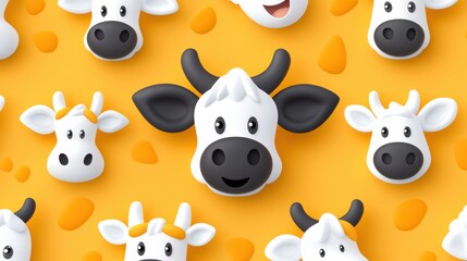 Obraz premium Colorful and playful cow faces on a vibrant orange background, perfect for agricultural or children's themed projects.