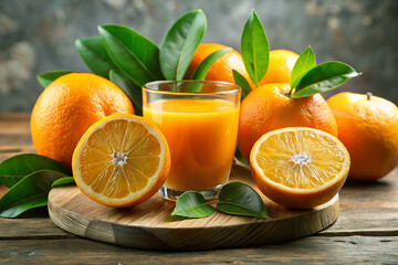 Orange juice in a glass and orange sliced fruits on a wooden table