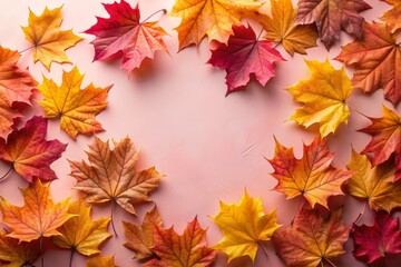 Fototapeta premium Bright Autumn Maple Leaves on Pink Paper Background, Seasonal Fall Composition, Thanksgiving Day Concept, Creative Flatlay, Top View, Copy Space Photography