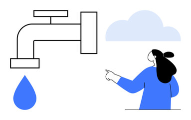 Woman pointing at a faucet with a water droplet and a cloud. Ideal for water conservation, environmental awareness, education, sustainability, and climate change. Clean minimal style