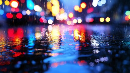 Rainy streets illuminated by colorful lights reflecting on wet pavement.