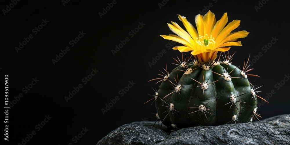 Poster astrophytum asterias type v is a variety of cactus. it features a blooming yellow flower on a black 