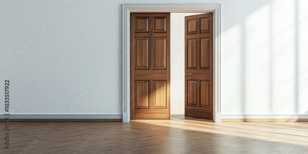 Poster Close-up of an open wooden door in an empty room with copyspace.