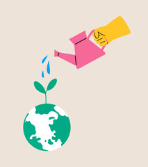 Watering plant, save earth. Green environment concept. Colorful vector illustration © Stranger Man