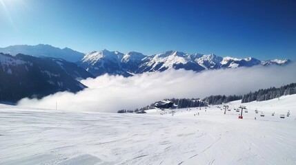 Breathtaking winter landscape of zillertal arena ski resort in tyrol, austria, showcasing majestic alpine mountains blanketed in snow under a clear blue sky, with downhill peaks and scenic views of ma