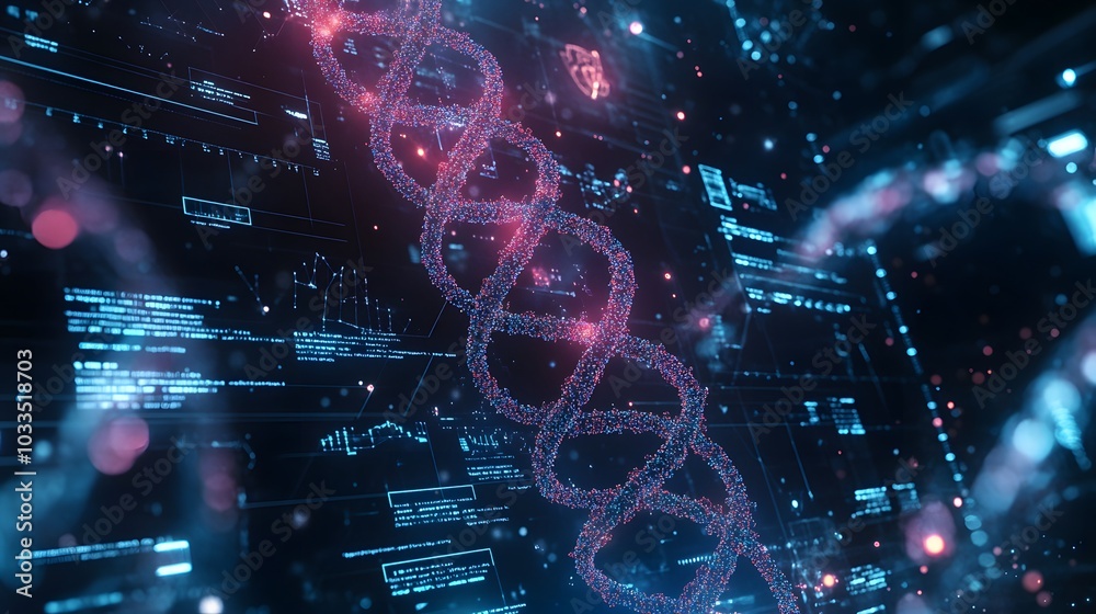 Wall mural digital dna strand with glowing particles and data interface