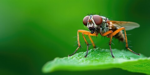 A robber fly observes its prey while sitting on a green leaf against a blurred green background.