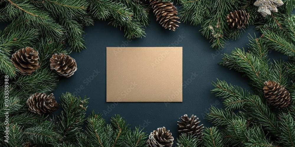 Poster Christmas blank greeting card mock-up arrangement. Innovative setup featuring Christmas tree branches and a paper card note. Flat lay. Nature-inspired New Year theme.