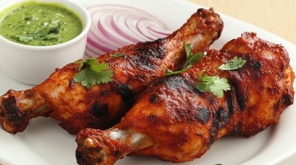 Grilled Chicken Legs with Spicy Sauce and Green Chutney