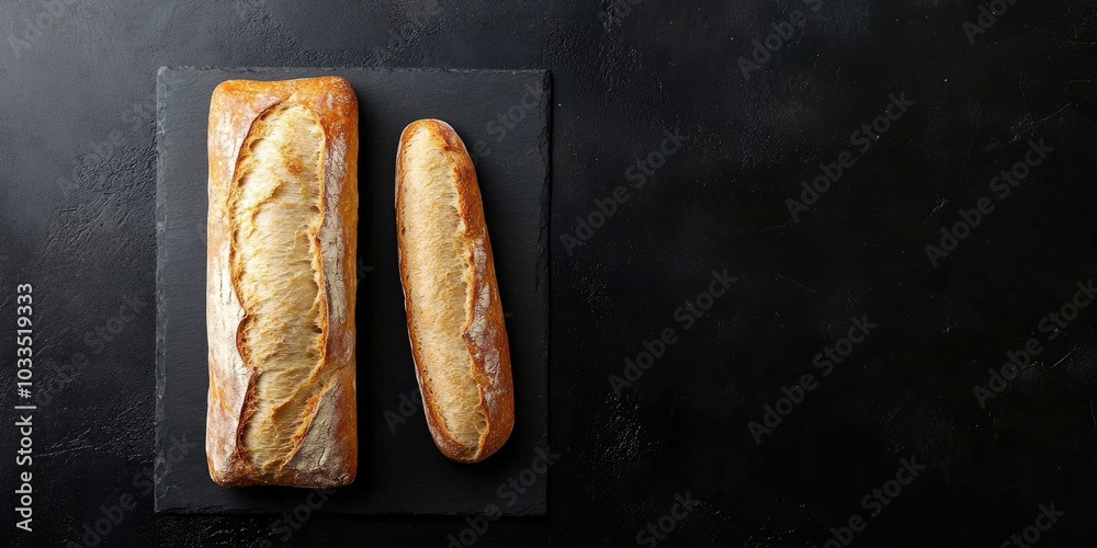 Poster loaf of white bread and baguette on a black background top view copyspace.