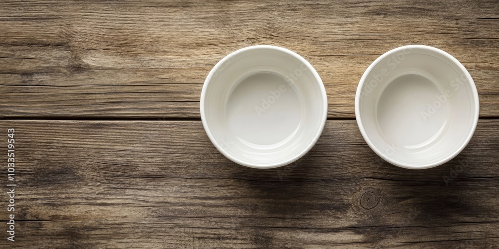 Aufkleber kitchenware and dishware idea. a top view of two new white ceramic bowls placed on a wooden table wi