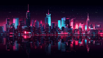 Vibrant city skyline at night with neon lights reflecting on water.