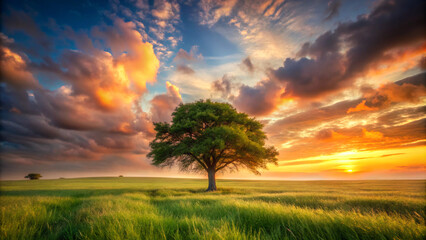 Obraz premium sunset in the field. sky, landscape, field, sunset, grass, nature, meadow, sun, tree, cloud, green, blue, summer, sunrise, clouds, horizon, sunlight, spring, countryside, autumn, beautiful, rural, lig