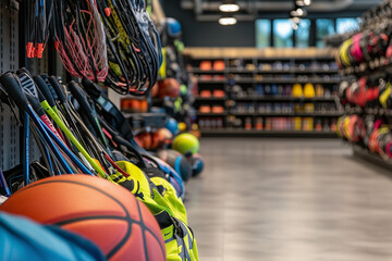 Various sport equipment displayed in a modern sport shop, including footballs, basketballs, tennis rackets, and fitness gear. 