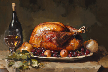 Turkey Painting, Thanksgiving Table Feast, Roast Turkey, Wine, and Harvest Fruits in Oil Painting Style
